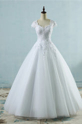 Elegant V-Neck Tull Lace White Wedding Dress Short Sleeves Appliques Bridal Gowns Online-27dress