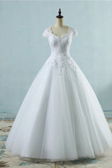 Elegant V-Neck Tull Lace White Wedding Dress Short Sleeves Appliques Bridal Gowns Online-27dress