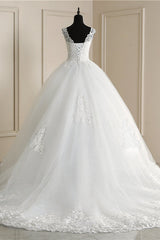 Elegant V-Neck Tull Lace White Wedding Dress Sleeveless Appliques Bridal Gowns On Sale-27dress