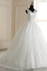 Elegant V-Neck Tull Lace White Wedding Dress Sleeveless Appliques Bridal Gowns On Sale-27dress