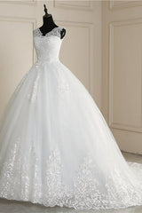 Elegant V-Neck Tull Lace White Wedding Dress Sleeveless Appliques Bridal Gowns On Sale-27dress