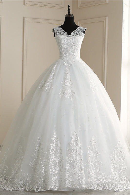 Elegant V-Neck Tull Lace White Wedding Dress Sleeveless Appliques Bridal Gowns On Sale-27dress