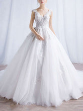 Elegant V-neck Tulle Chapel Train Wedding Dress with Appliques Lace