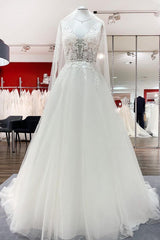 Elegant V Neck Tulle Ivory Lace A-Line Wedding Dresses-27dress