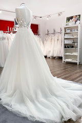 Elegant V Neck Tulle Ivory Lace A-Line Wedding Dresses-27dress