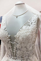 Elegant V Neck Tulle Ivory Lace A-Line Wedding Dresses-27dress