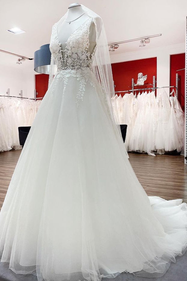 Elegant V Neck Tulle Ivory Lace A-Line Wedding Dresses-27dress