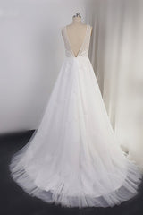 Elegant V-neck Tulle White Wedding Dress A-Line Lace Appliques Sleeveless Bridal Gowns On Sale-27dress