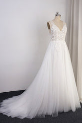 Elegant V-neck Tulle White Wedding Dress A-Line Lace Appliques Sleeveless Bridal Gowns On Sale-27dress