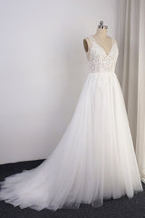 Elegant V-neck Tulle White Wedding Dress A-Line Lace Appliques Sleeveless Bridal Gowns On Sale-27dress
