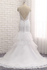 Elegant V-neck White Mermaid Wedding Dresses Sleeveless Lace Bridal Gowns With Appliques On Sale-27dress