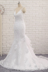 Elegant V-neck White Mermaid Wedding Dresses Sleeveless Lace Bridal Gowns With Appliques On Sale-27dress