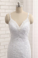 Elegant V-neck White Mermaid Wedding Dresses Sleeveless Lace Bridal Gowns With Appliques On Sale-27dress