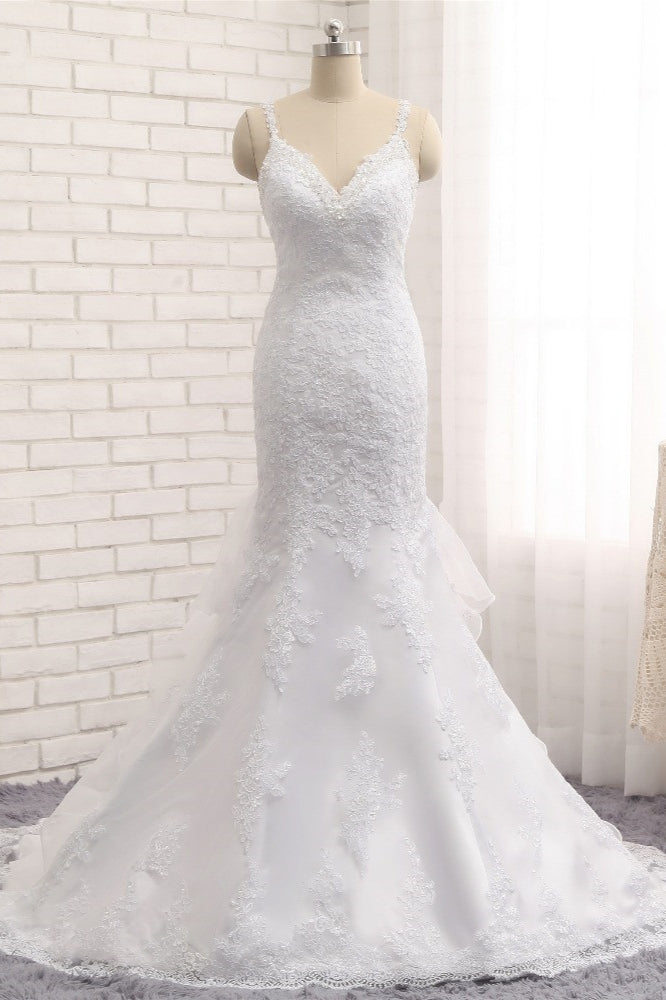Elegant V-neck White Mermaid Wedding Dresses Sleeveless Lace Bridal Gowns With Appliques On Sale-27dress
