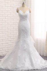Elegant V-neck White Mermaid Wedding Dresses Sleeveless Lace Bridal Gowns With Appliques On Sale-27dress