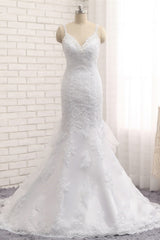 Elegant V-neck White Mermaid Wedding Dresses Sleeveless Lace Bridal Gowns With Appliques On Sale-27dress