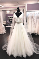 Elegant White Satin Tulle V-Neck Wedding Dress Long Halter Bridal Gowns On Sale-27dress