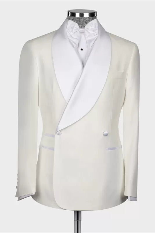 Elegant Shawl Lapel Double Breasted White Wedding Suits