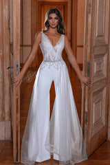 Elegant White Straps V Neck Mermaid Split Prom Dress With Beads