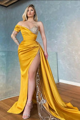 Elegant Yellow Stain One Shoulder Long Split Prom Dress With Beading