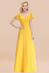 Elegent Short-Sleeve Long Bridesmaid Dress Online Yellow Chiffon Wedding Party Dress-27dress