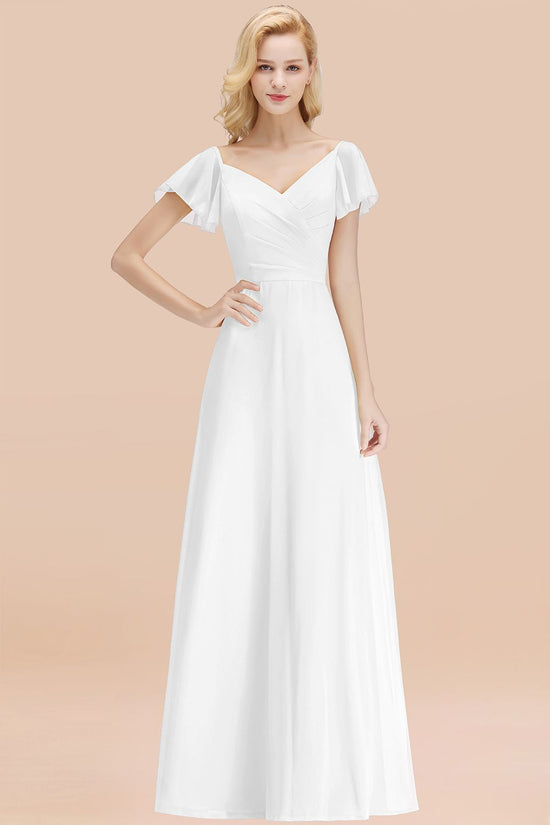 Elegent Short-Sleeve Long Bridesmaid Dress Online Yellow Chiffon Wedding Party Dress-27dress