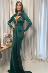 Emerald Green Long Sleeves V Neck Long Prom Dress With Ruffles