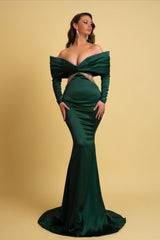 Emerald Green Off the Shoulder Long Sleeves Prom Dress V Neck Mermaid