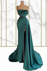 Emerald Rhinestone Sleeveless Mermaid One Shoulder Prom Dress With Split
