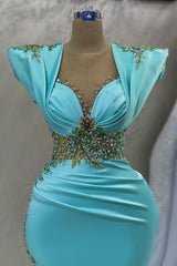 Emerald Satin Prom Dress Sleeves Long Mermaid With Appliques