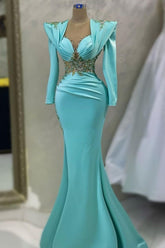 Emerald Satin Prom Dress Sleeves Long Mermaid With Appliques