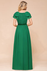 Emerald Short Sleeves Chiffon Ruffles Long Bridesmaid Dresses Online-27dress