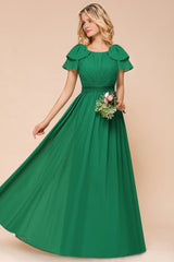 Emerald Short Sleeves Chiffon Ruffles Long Bridesmaid Dresses Online-27dress