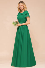 Emerald Short Sleeves Chiffon Ruffles Long Bridesmaid Dresses Online-27dress