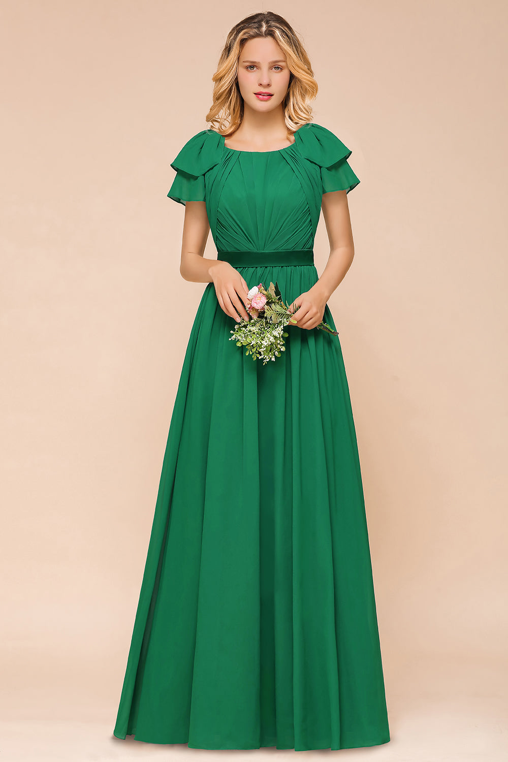 Emerald Short Sleeves Chiffon Ruffles Long Bridesmaid Dresses Online-27dress