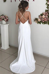 Excellent Long Mermaid Satin White Backless Wedding Dress with Slit-27Dress