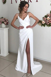 Excellent Long Mermaid Satin White Backless Wedding Dress with Slit-27Dress