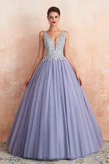 Excellent Long Princess V-neck Sleeveless Tulle Backless Prom Dress-27dress