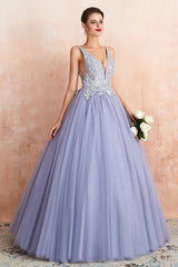 Excellent Long Princess V-neck Sleeveless Tulle Backless Prom Dress-27dress