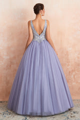 Excellent Long Princess V-neck Sleeveless Tulle Backless Prom Dress-27dress