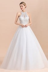 Exquisite High-Neck Lace Wedding Dress Appliques Sequins Sleeveless Bridal Gowns On Sale-27dress