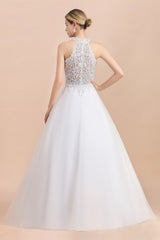 Exquisite High-Neck Lace Wedding Dress Appliques Sequins Sleeveless Bridal Gowns On Sale-27dress