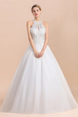 Exquisite High-Neck Lace Wedding Dress Appliques Sequins Sleeveless Bridal Gowns On Sale-27dress
