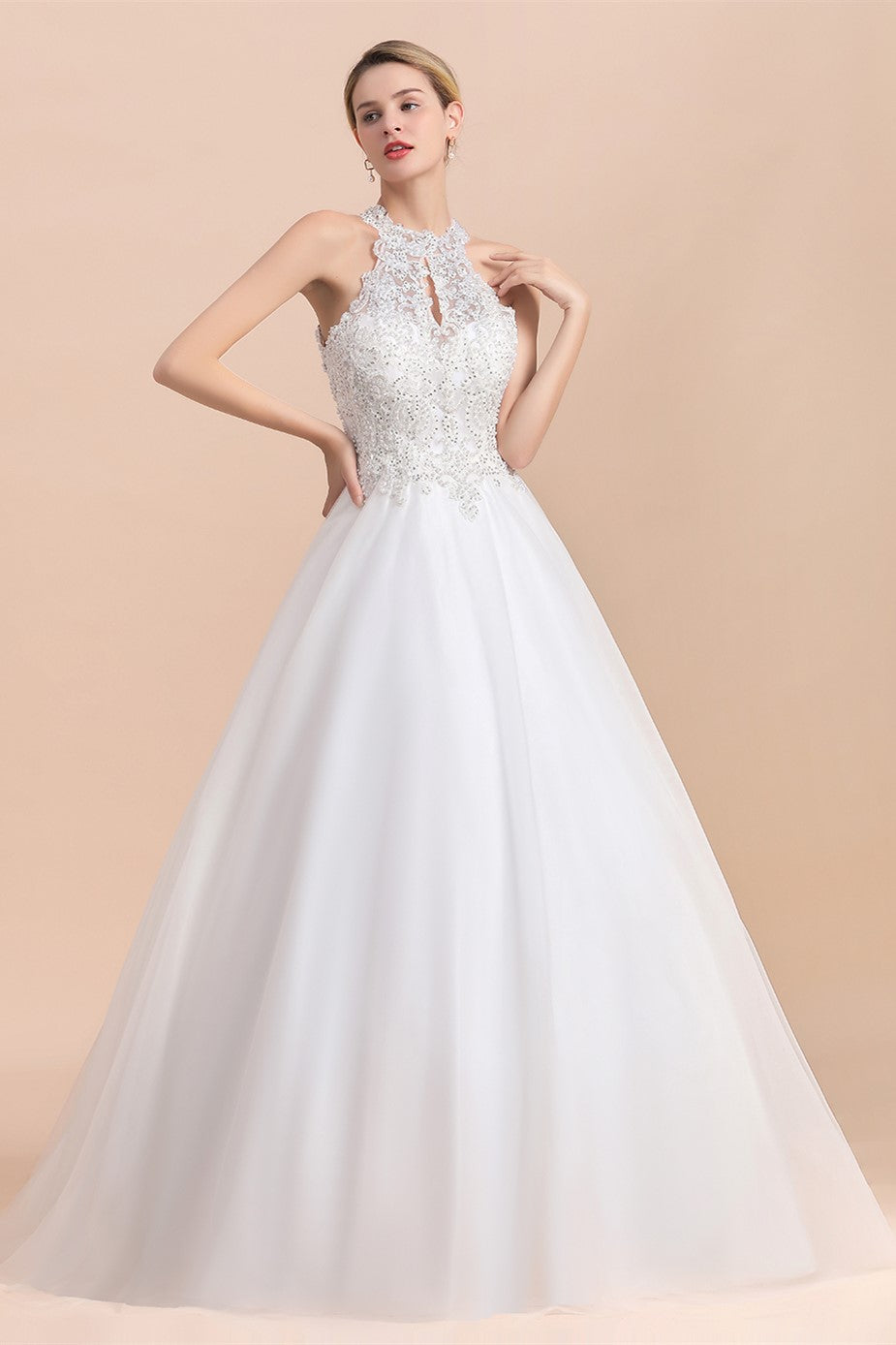 Exquisite High-Neck Lace Wedding Dress Appliques Sequins Sleeveless Bridal Gowns On Sale-27dress