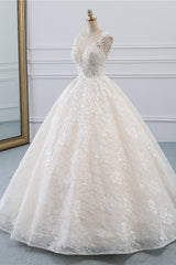 Exquisite Jewel Sleelveless Lace Wedding Dress Ball Gown appliques Bridal Gowns Online-27dress