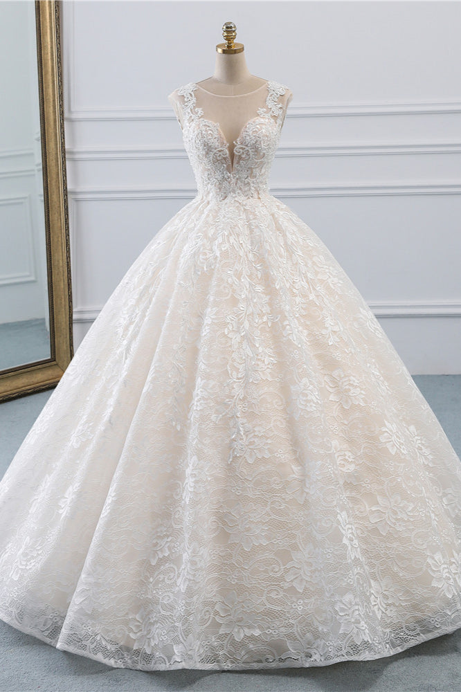 Exquisite Jewel Sleelveless Lace Wedding Dress Ball Gown appliques Bridal Gowns Online-27dress