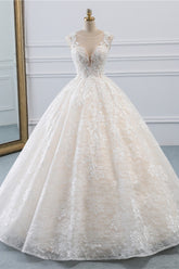 Exquisite Jewel Sleelveless Lace Wedding Dress Ball Gown appliques Bridal Gowns Online-27dress