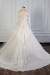 Exquisite Lace Appliques Wedding Dress Tulle Long Sleeves Sequined Bridal Gown On Sale-27dress