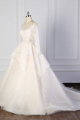 Exquisite Lace Appliques Wedding Dress Tulle Long Sleeves Sequined Bridal Gown On Sale-27dress