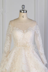 Exquisite Lace Appliques Wedding Dress Tulle Long Sleeves Sequined Bridal Gown On Sale-27dress